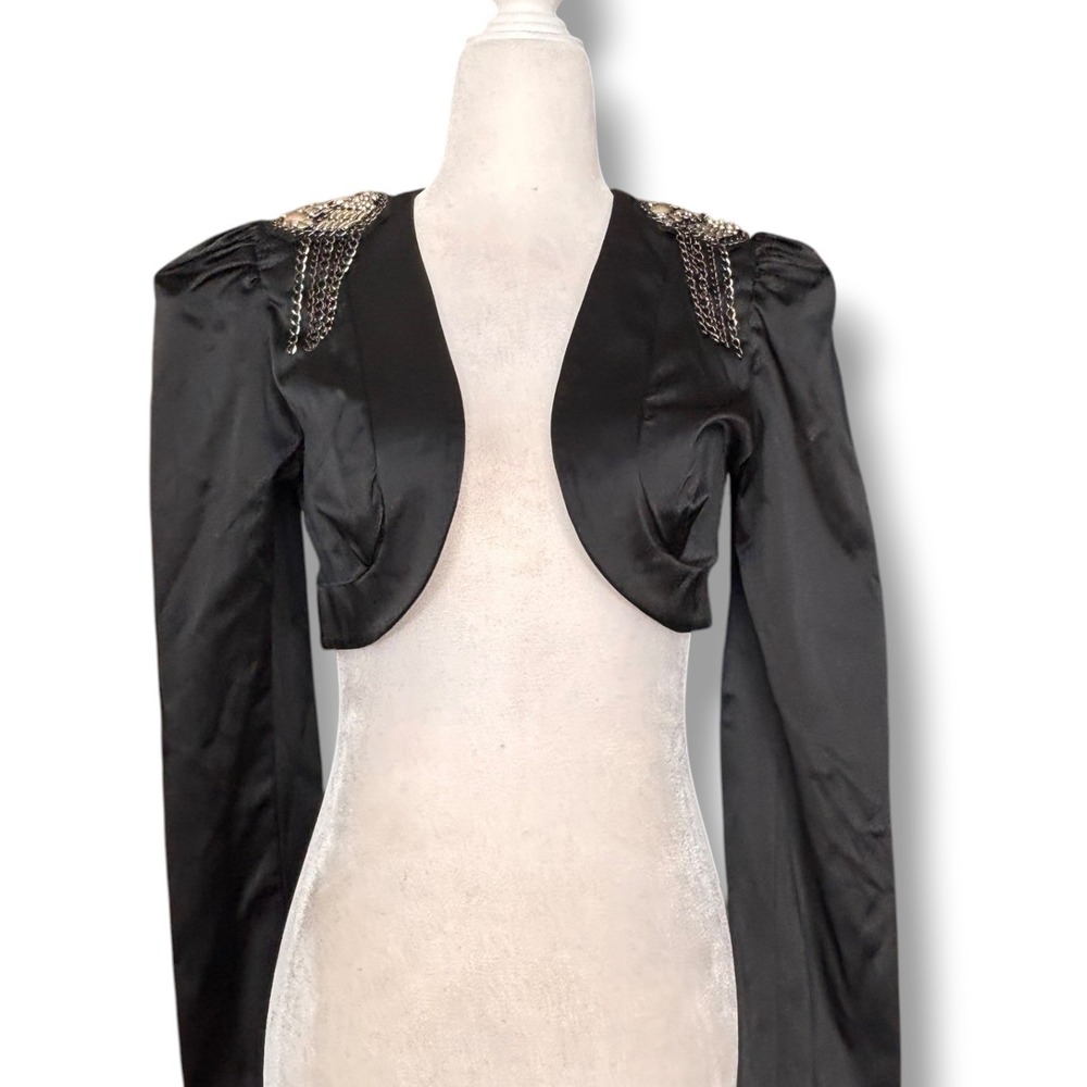 Vintage Black Satin Cropped Bolero Shrug Jacket Silver Chain Epaulet Statement